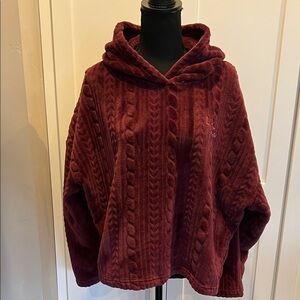 Lightweight Burgundy Cable Knit Hoodie Fleece Sweater Size XL